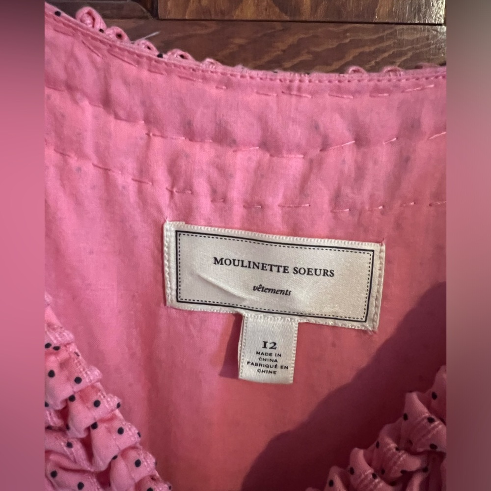 Anthropologie Moulinette Soeurs Melon Ball Pink/Black Polka Dot Dress + Bow Belt - Picture 3 of 8